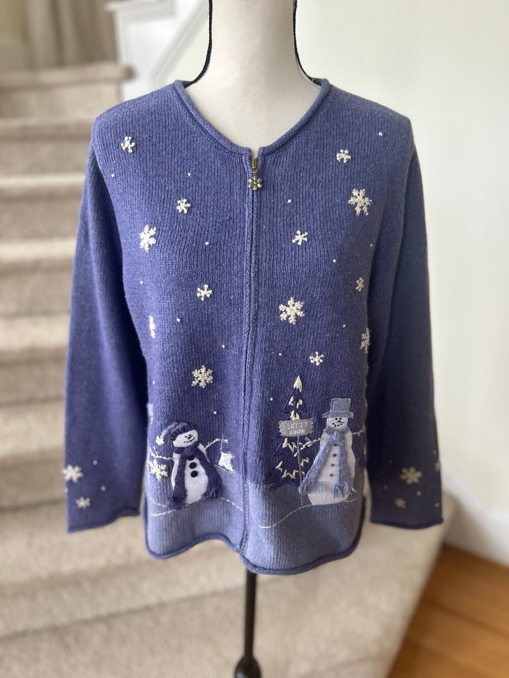 Vintage 90s Croft Borrow Ramie Angora Wool Purple Snowman Zip Cardigan